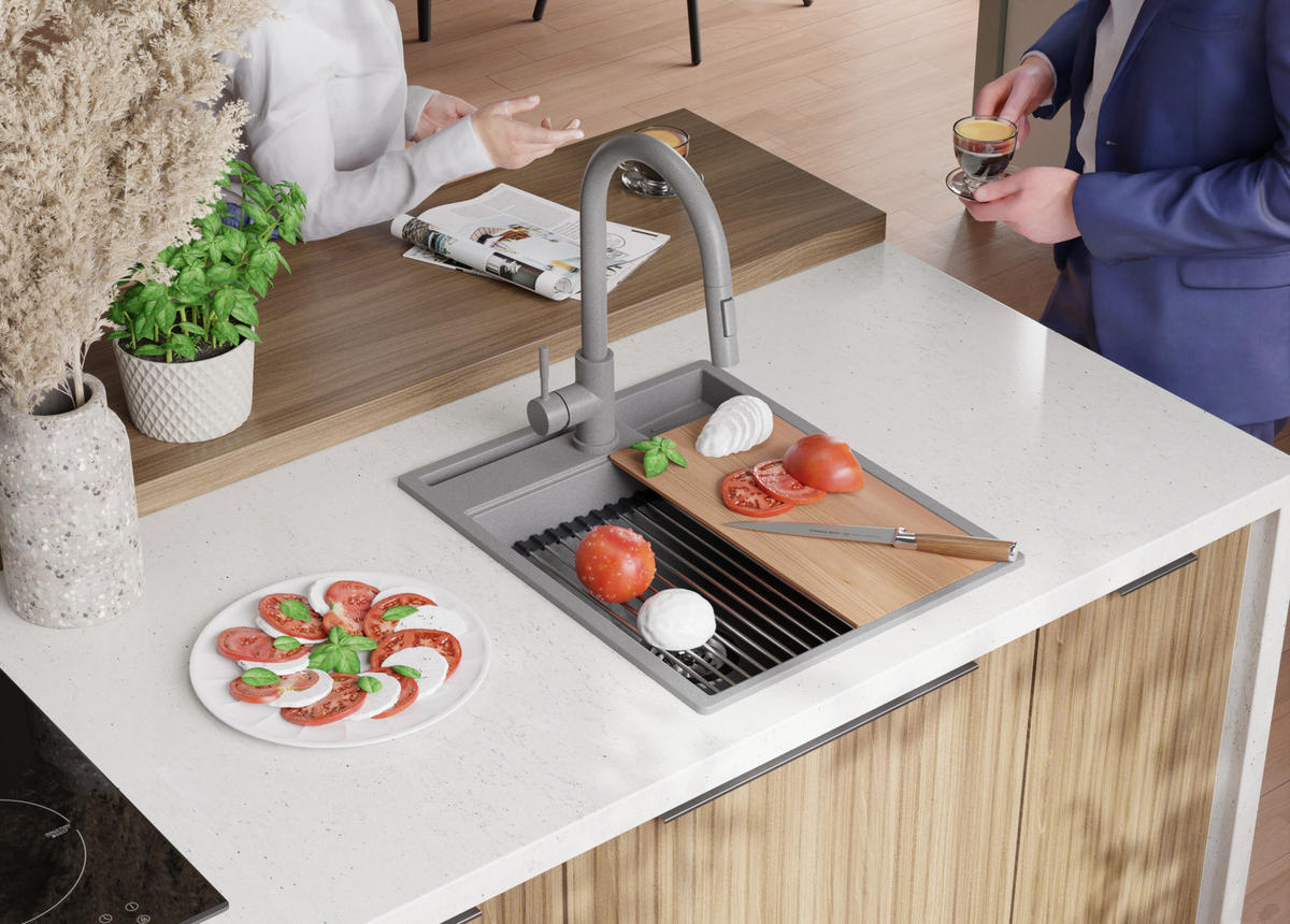 GRANITSPÜLE Oslo Pocket, 2-er set Grau 43/53 cm 1 Becken + Küchenarmatur 40/20 cm + Ablauf-Set + Küchenzubehörset ab 45er Unterschrank - Chromfarben/Beige, Kunststoff (43/20/53cm) - Primagran