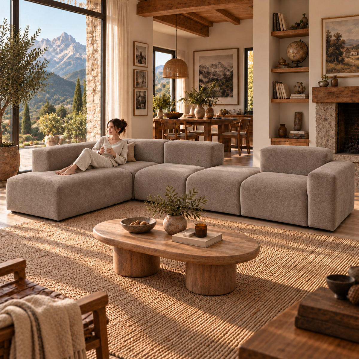 5-SITZER modulares Ecksofa HEAVEN SET 5 Links, Breite 380 cm Webstoff Braun - Schwarz/Braun, Holz/Kunststoff (380/245cm) - Muffo