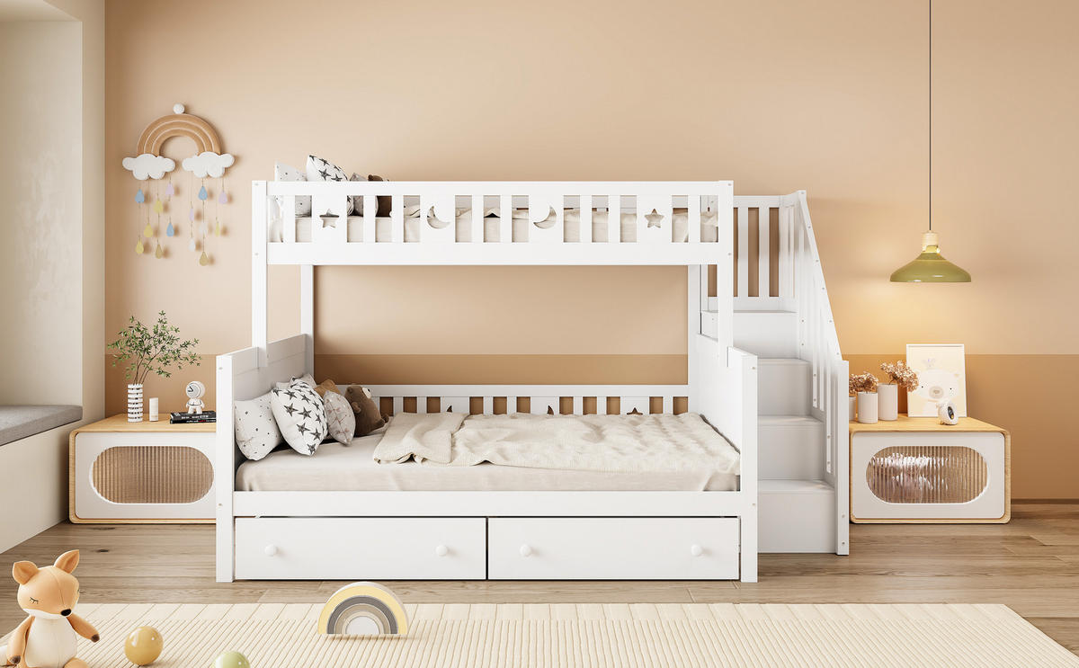 ETAGENBETT 90/200 cm und 140/200 cm Weiß aus Massivholz mit Sicherheitsleiter und zwei Schubladen - Weiß, Holz (90/200cm) - OKWISH