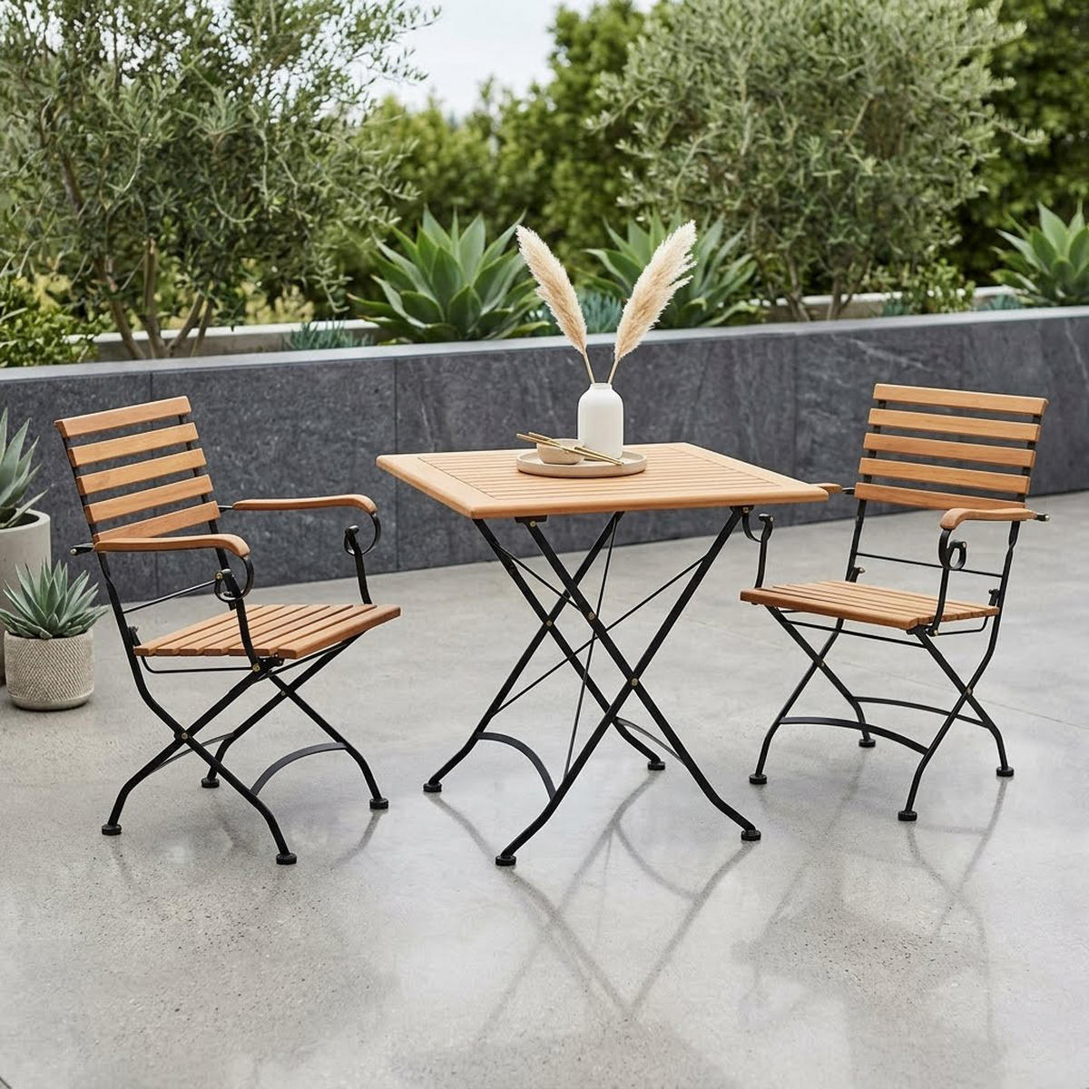 GARTENESSGRUPPE Bad Belzig - 3-teilig (2x Armlehnensessel, 1x Tisch 75cm rund), Gestell Flachstahl schwarz, Latten Eukalyptusholz, - Schwarz, Metall - TPFGarden