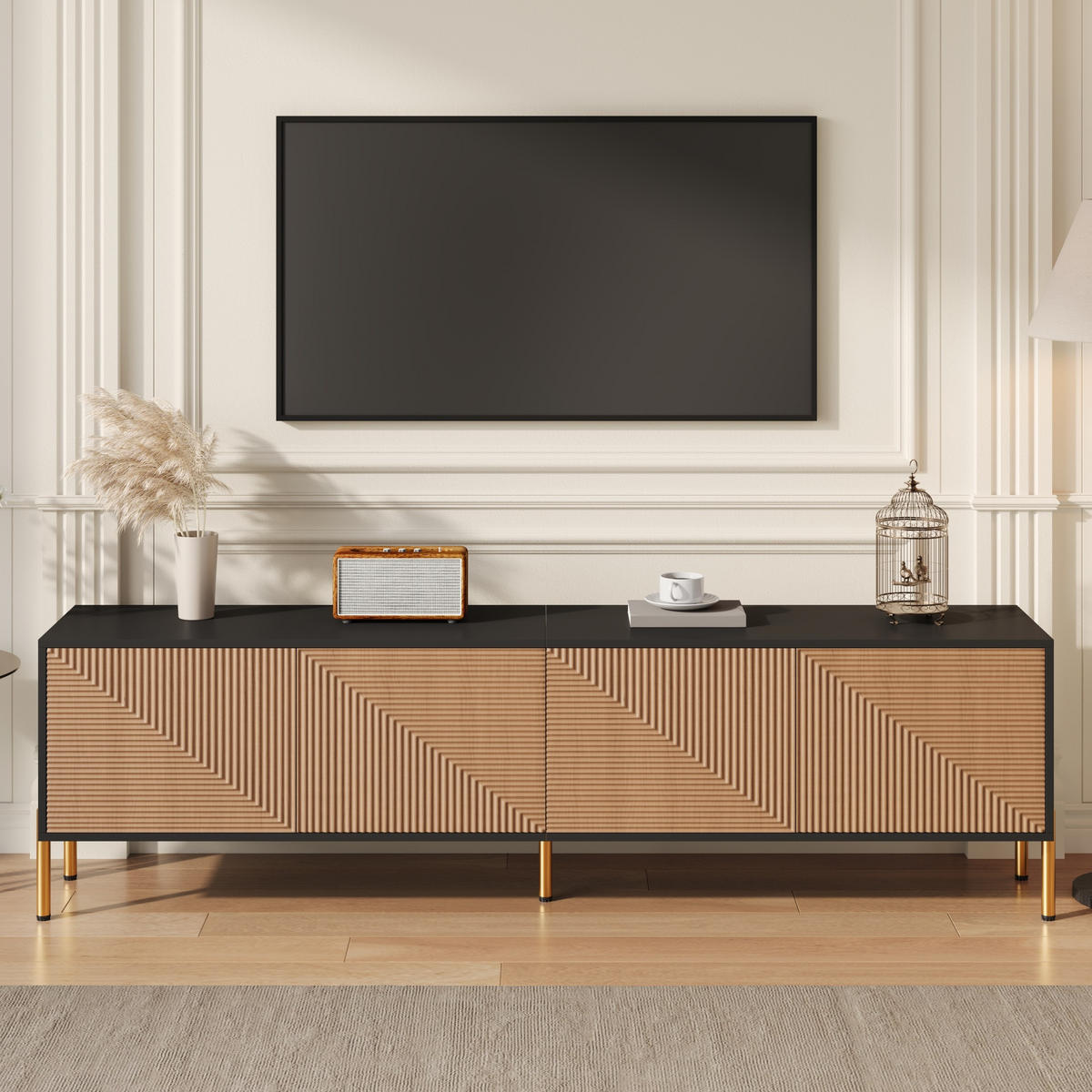 TV-SCHRANK Schwarz/Natur 179/35/53,5 cm grifflos Goldfüße - Schwarz, Karton (35/53.5/179cm) - PANGIVO