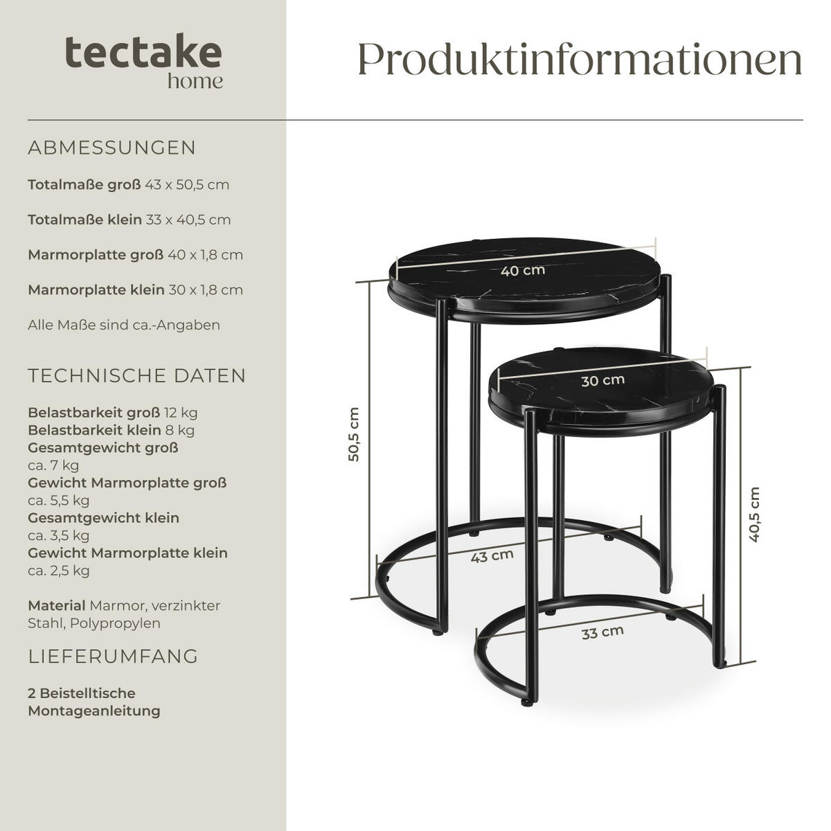 BEISTELLTISCH Ellsa,ineinander schiebbar,schwarz/schwarz - Schwarz, Stein (43/43/50.5cm) - tectake