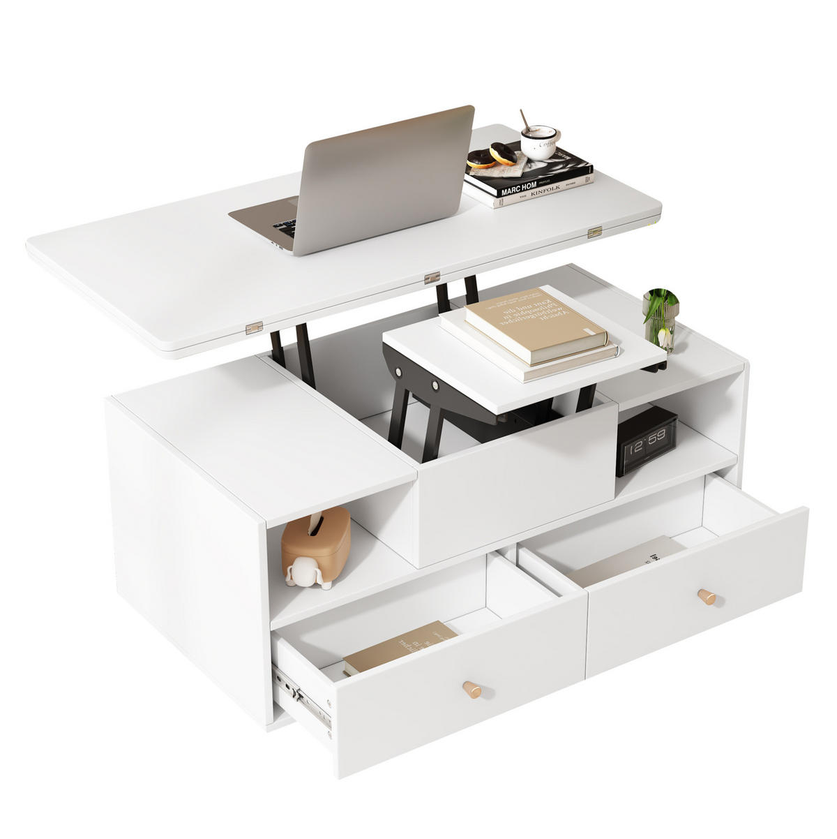 COUCHTISCH 100/50/47,5 cm Höhenverstellbar mit Klappfunktion und 4 Schubladen in Weiß - Weiß, Holzwerkstoff (100/50/47.5cm) - OKWISH