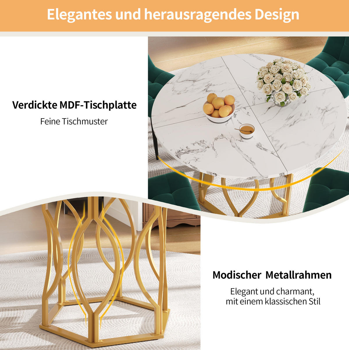 ESSTISCH rund 100x100 cm MDF Weiß/Gold - Goldfarben, Metall (100/100/76cm) - Meubliv