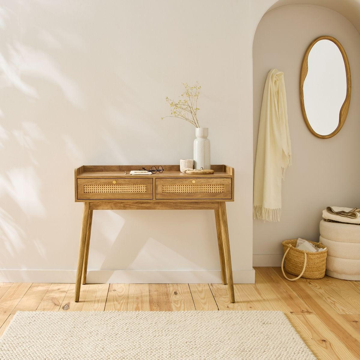 KONSOLE 2 Schubladen mit Rattanfronten und Holzbeinen Palmo 100/35/85,2 cm - Eschefarben, Holzwerkstoff (100/35/85.2cm) - Calicosy