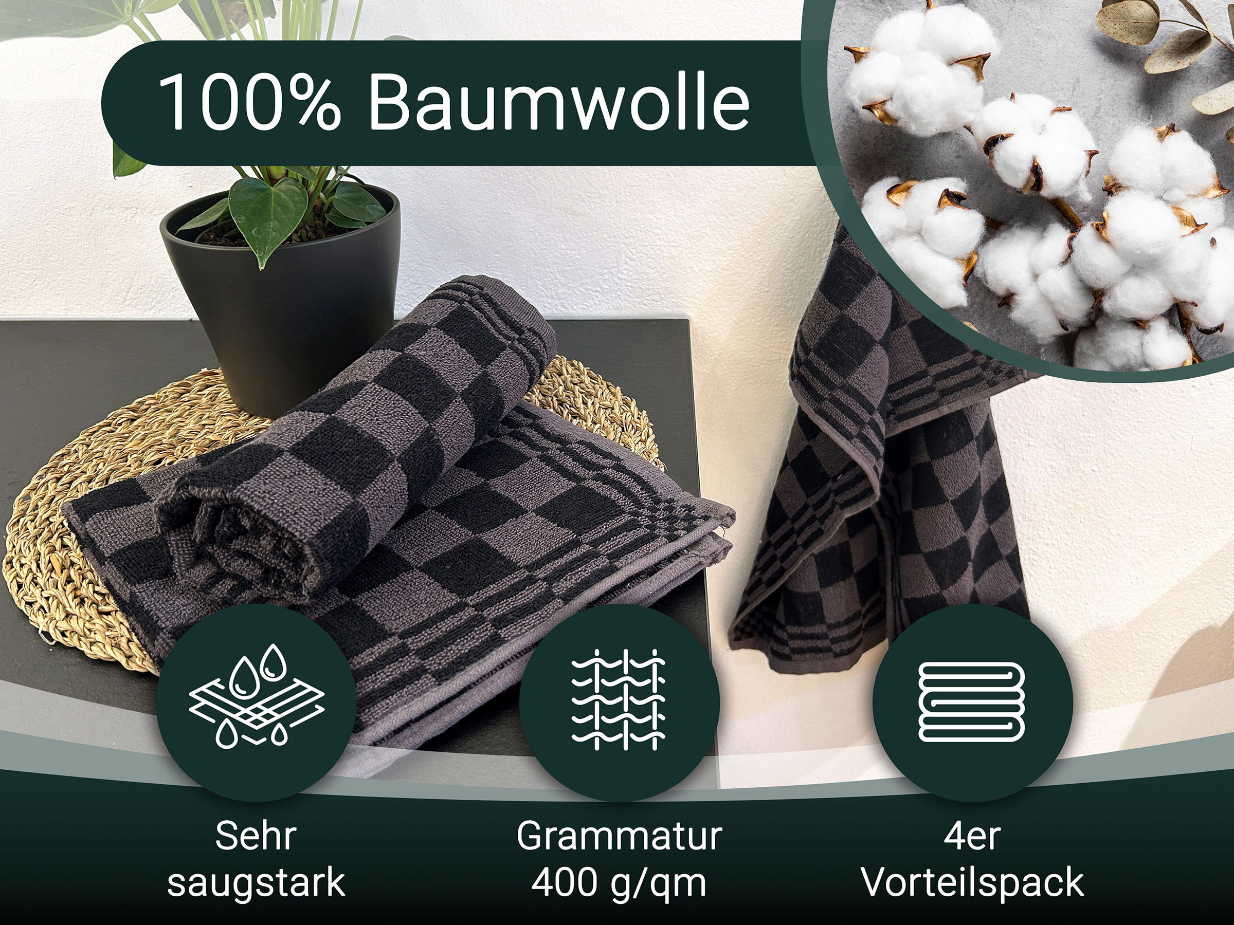 GESCHIRRTÜCHER, 4er-Set, 50x50 cm, 100% Baumwolle, Schwarz - Schwarz, Textil (50/50cm) - Zollner
