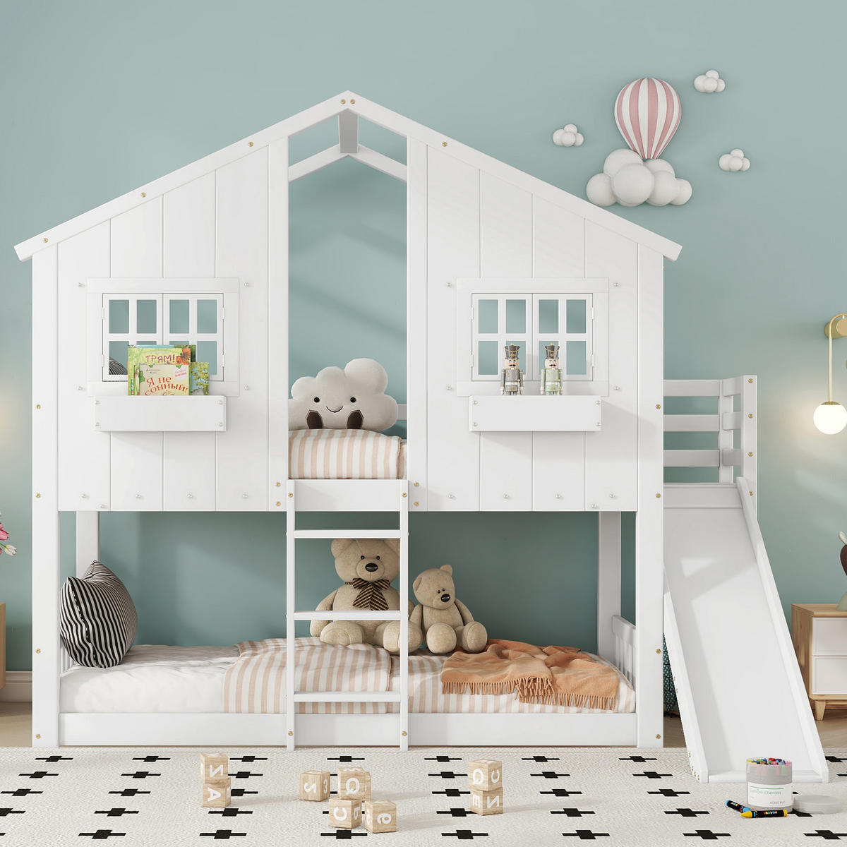 HAUSBETT 90x200cm mit Mit Kinderrutsche in Weiß - Weiß, Holz (90/200cm) - KOMHTOM