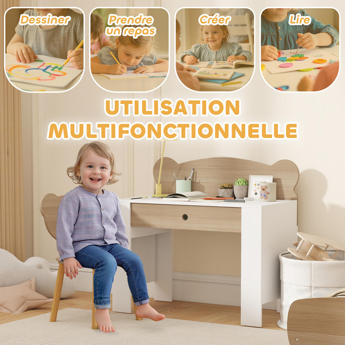 SCHREIBTISCH-SET DE-17531 mit Schublade und Bärenmotiv Naturholz - Naturfarben, Holzwerkstoff (80/74.5/41cm) - ComfortXL