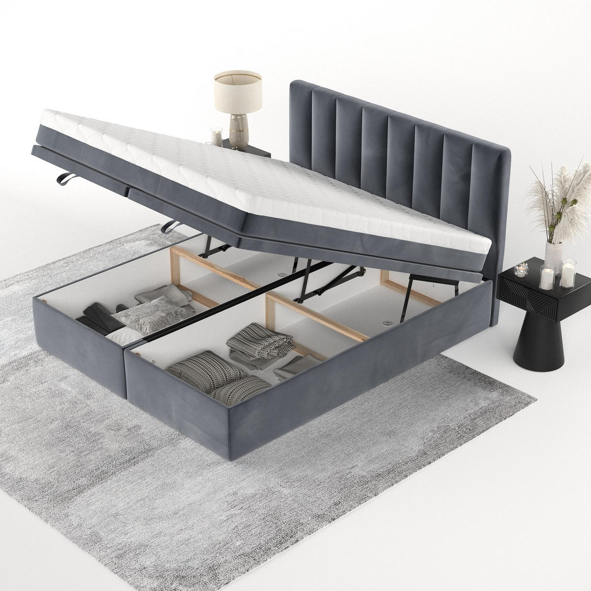 BOXBETT Lume 200/200 cm Dunkelgrau im Kronos Stoff - Dunkelgrau/Schwarz, Holz/Holzwerkstoff (200/200cm) - AltaBeds