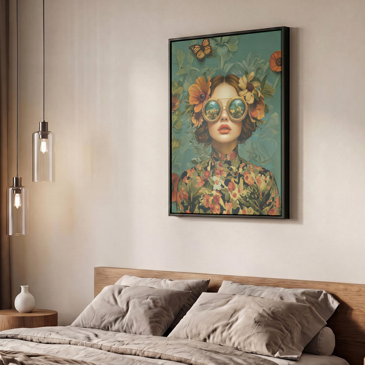 LEINWAND Bilder mit Rahmen - Frau - Blumen - Schmetterlinge - Natur - Vintage - 60x80 - Salbeigrün, Textil (60/80cm) - MuchoWow