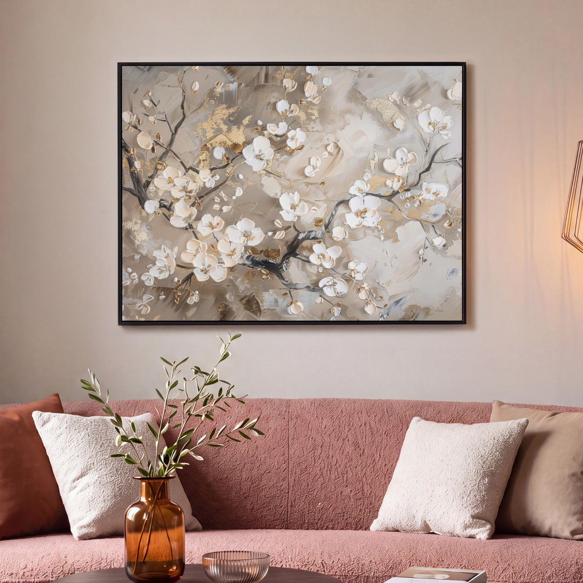 LEINWAND Bilder mit Rahmen - Blumen - Weiß - Gold - Beige - Luxus - 100x70 - Greige, Textil (100/70cm) - MuchoWow