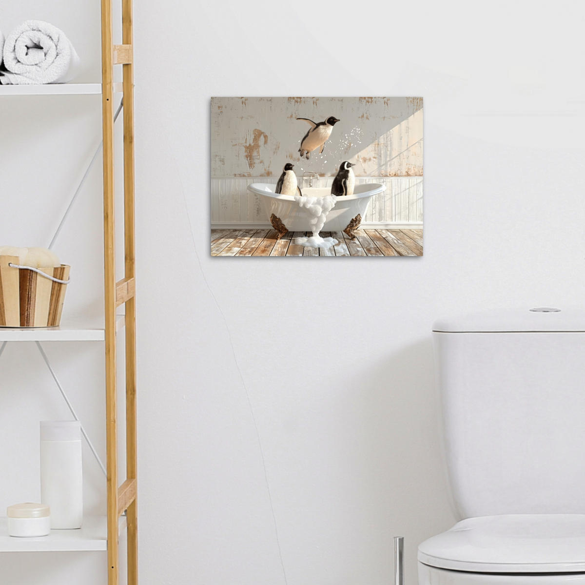 LEINWANDBILD Vintage - Pinguin - Badewanne - Schaumstoff 40x30 cm - Schwarz, Textil (40/30cm) - MuchoWow