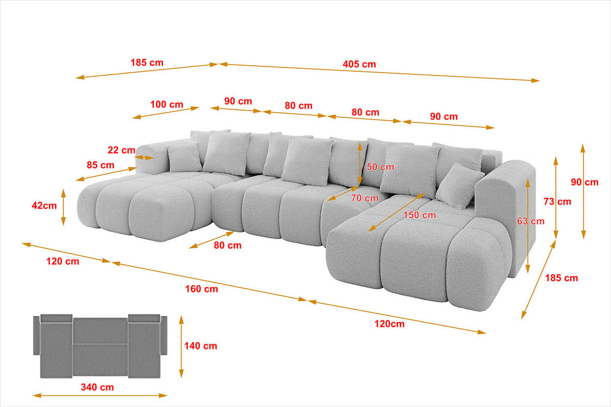 WOHNLANDSCHAFT CLOUD-U-v1 405x185x90 Hellgrau Bouclé - Hellgrau, Holzwerkstoff/Kunststoff (405/90/185cm) - ALTDECOR