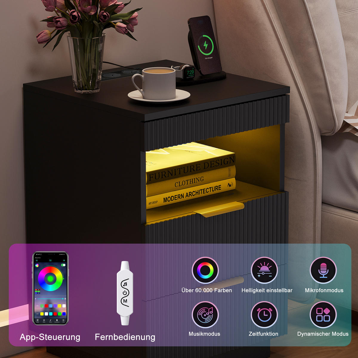NACHTSHRANK Schwarz mit LED-Beleuchtung, Steckdose, USB & Type-C, Nachttisch mit 2 Schubladen, 40/40/60 cm - Goldfarben/Schwarz, Holz/Metall (40/60/40cm) - BPKADHY