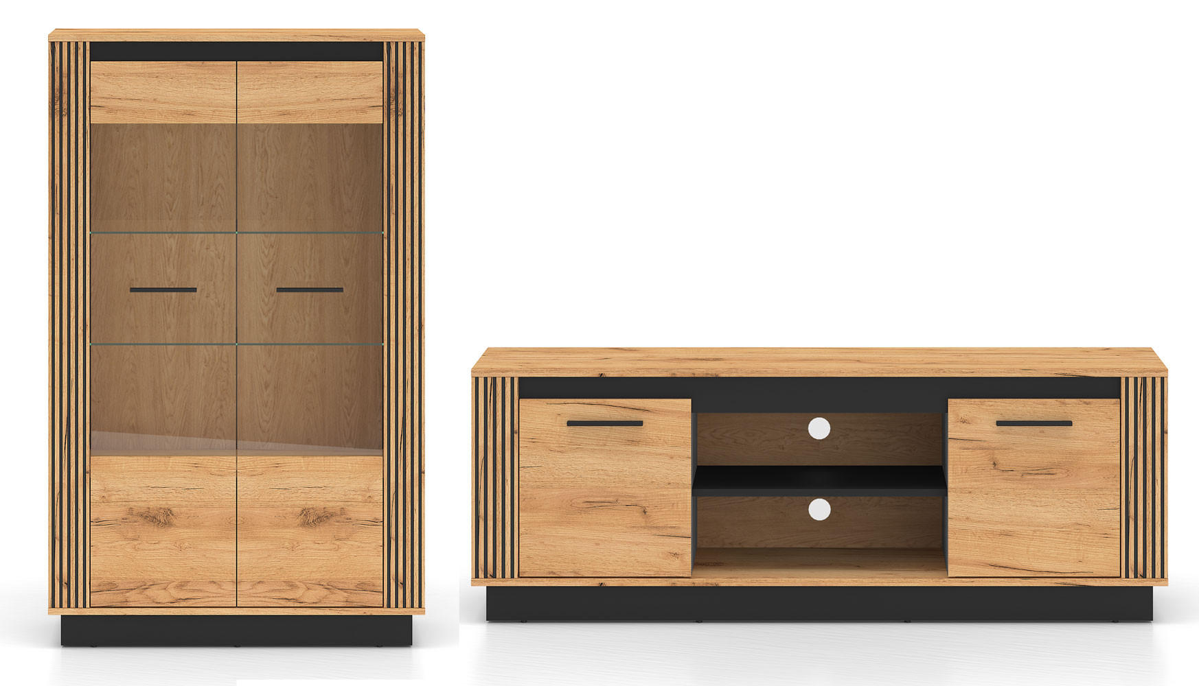 WOHNZIMMER-SET Urso X-teilig Gold Craft Eiche / Schwarz - Eichefarben/Schwarz, Holz/Holzwerkstoff (242/141/40cm) - Feldmann-Wohnen