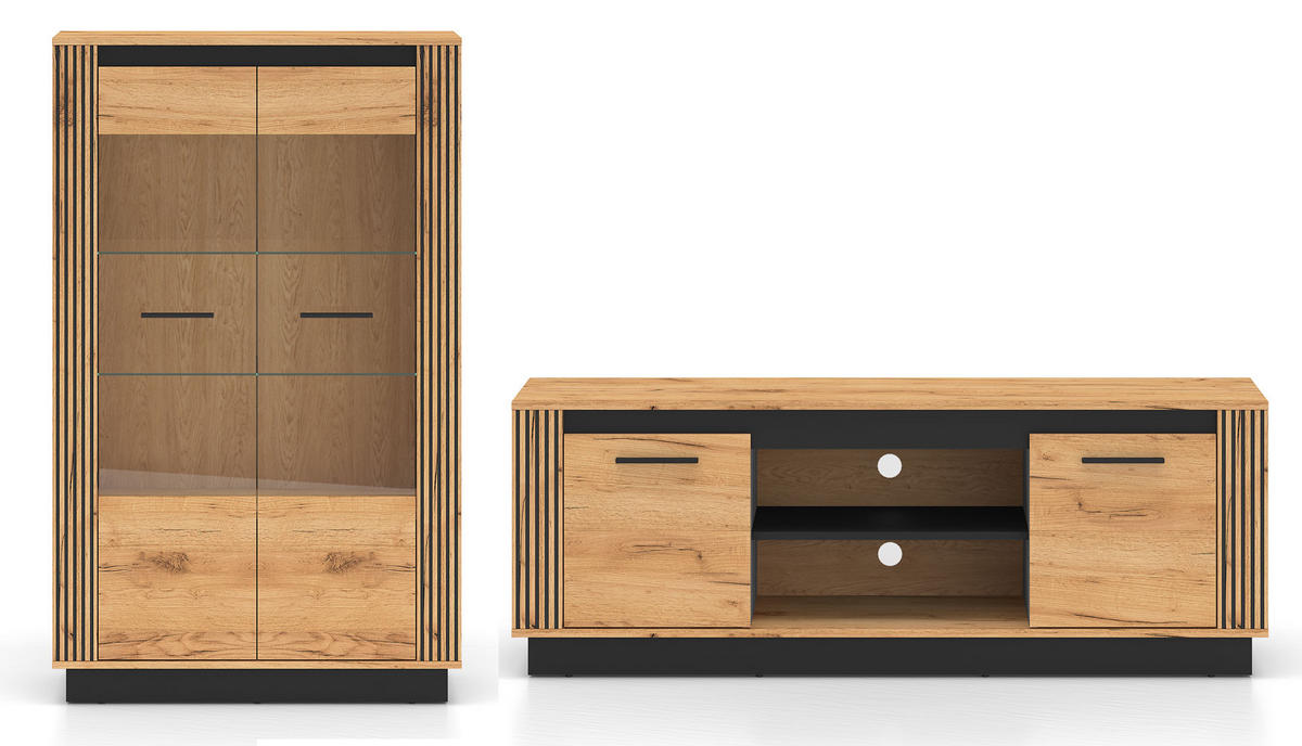 WOHNZIMMER-SET Urso X-teilig Gold Craft Eiche / Schwarz - Eichefarben/Schwarz, Holz/Holzwerkstoff (242/141/40cm) - Feldmann-Wohnen