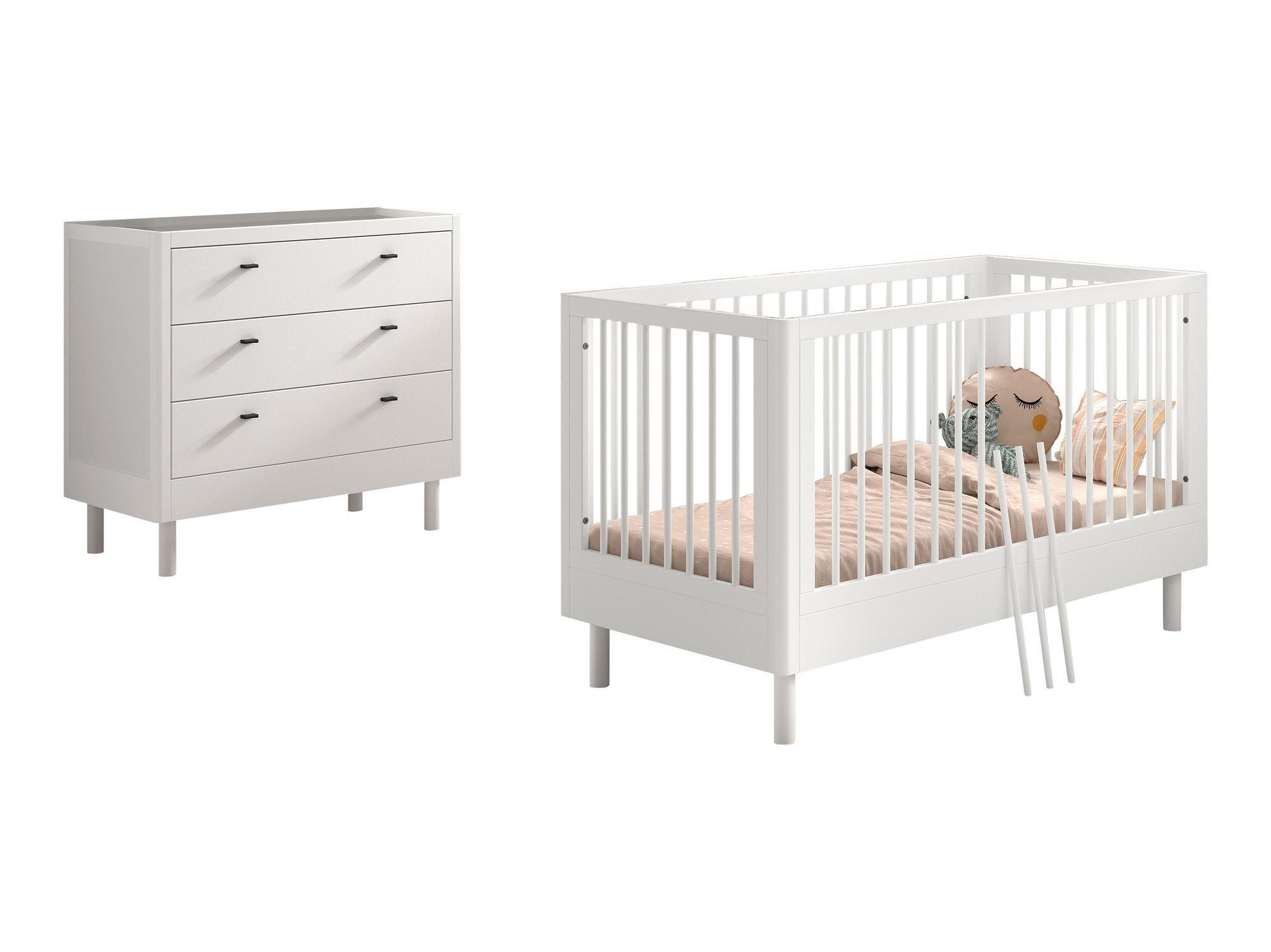 BABYBETT SET 70x140 Keeley Buche Weiß Holz Kommode Komfort Stabil - Weiß, Holz (74/88/144cm) - 58aufmkessel