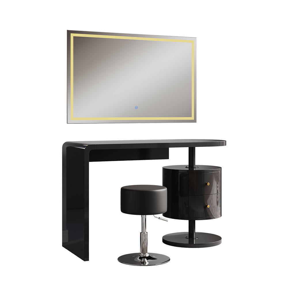 MASUTA DE TOALETA Lara, Negru lucios ridicat, 120 cm cu oglinda LED si taburet