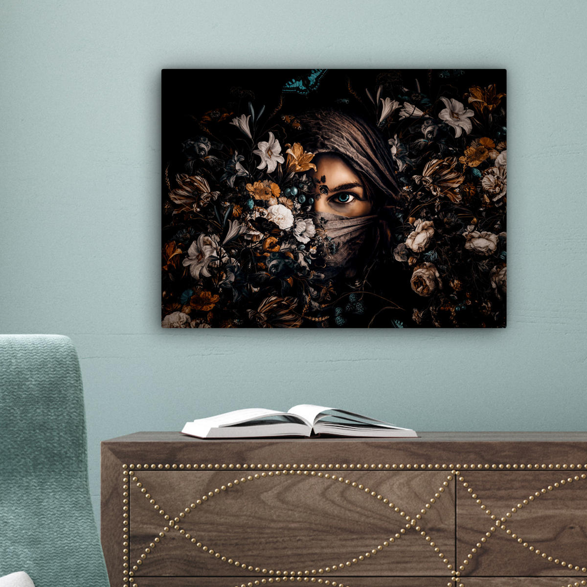 LEINWANDBILD Frau - Luxus - Blumen - Schmetterling - Porträt Wandbild 40x30 cm - Schwarz, Textil (40/30cm) - MuchoWow