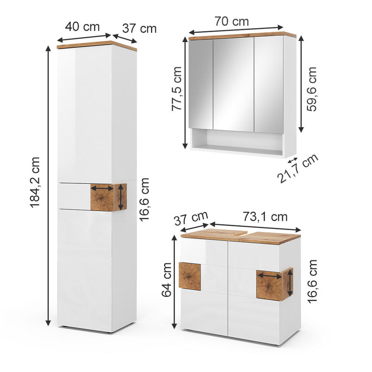 BADMÖBEL-SET Eden Weiß 3 Teile, mit Hochschrank - Weiß Hochglanz, Holzwerkstoff (73/64/37cm) - Vicco