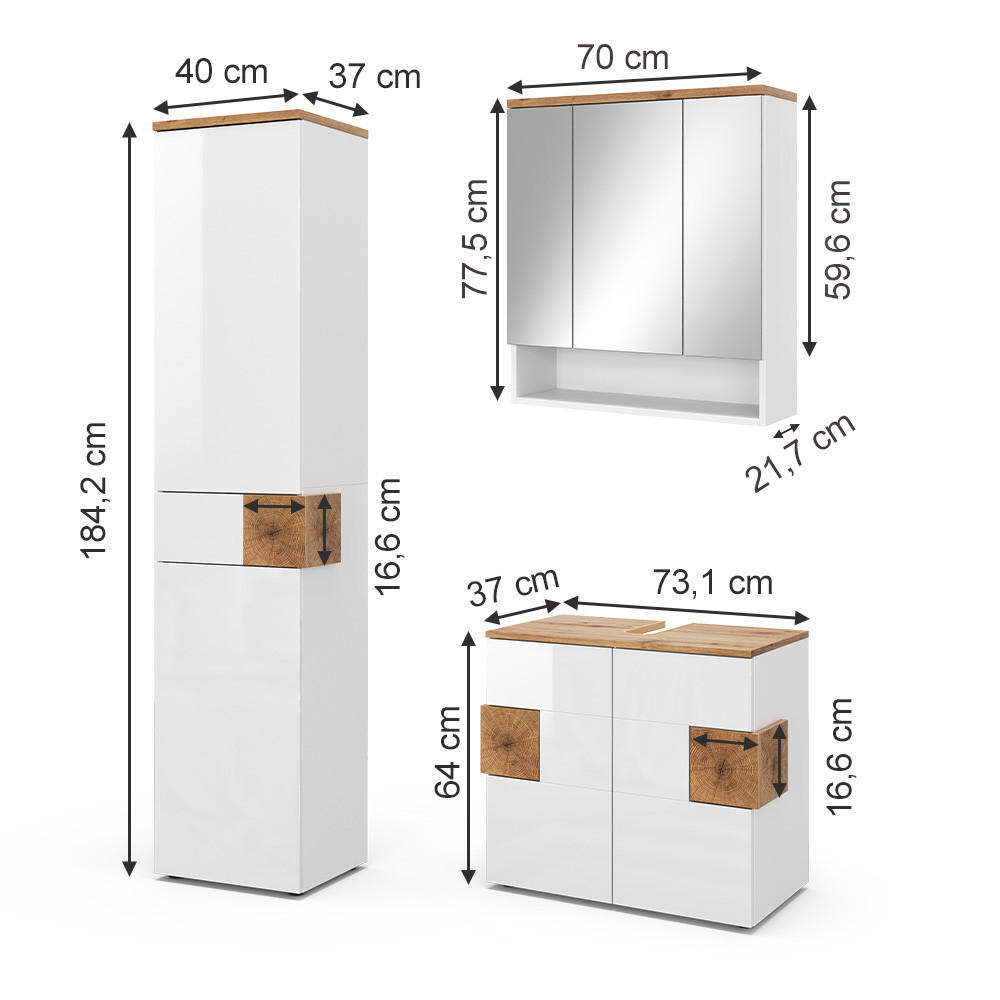Vicco BADMÖBEL-SET Weiß Hochglanz 73cm × 37cm × 64cm