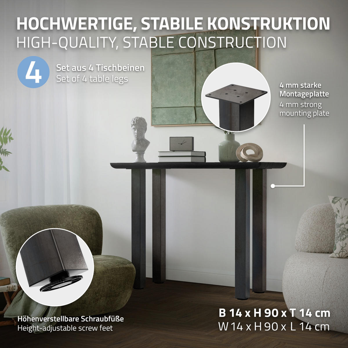 TISCHBEINE 4er Set I-Design H:90 cm Industrial 8x8 cm - Dunkelgrau, Metall (14/90/14cm) - ML-DESIGN