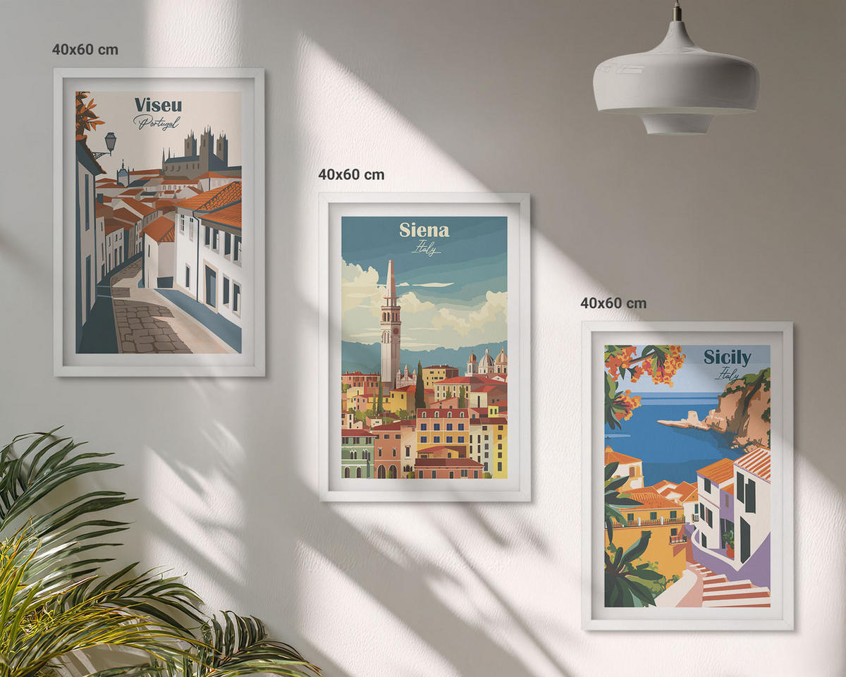 BILDER SET 3er Set - 40x60 cm Weißer Rahmen - Retro-Illustrationen von Weltstädten - Weiß, Kunststoff (40/60cm) - TULUP