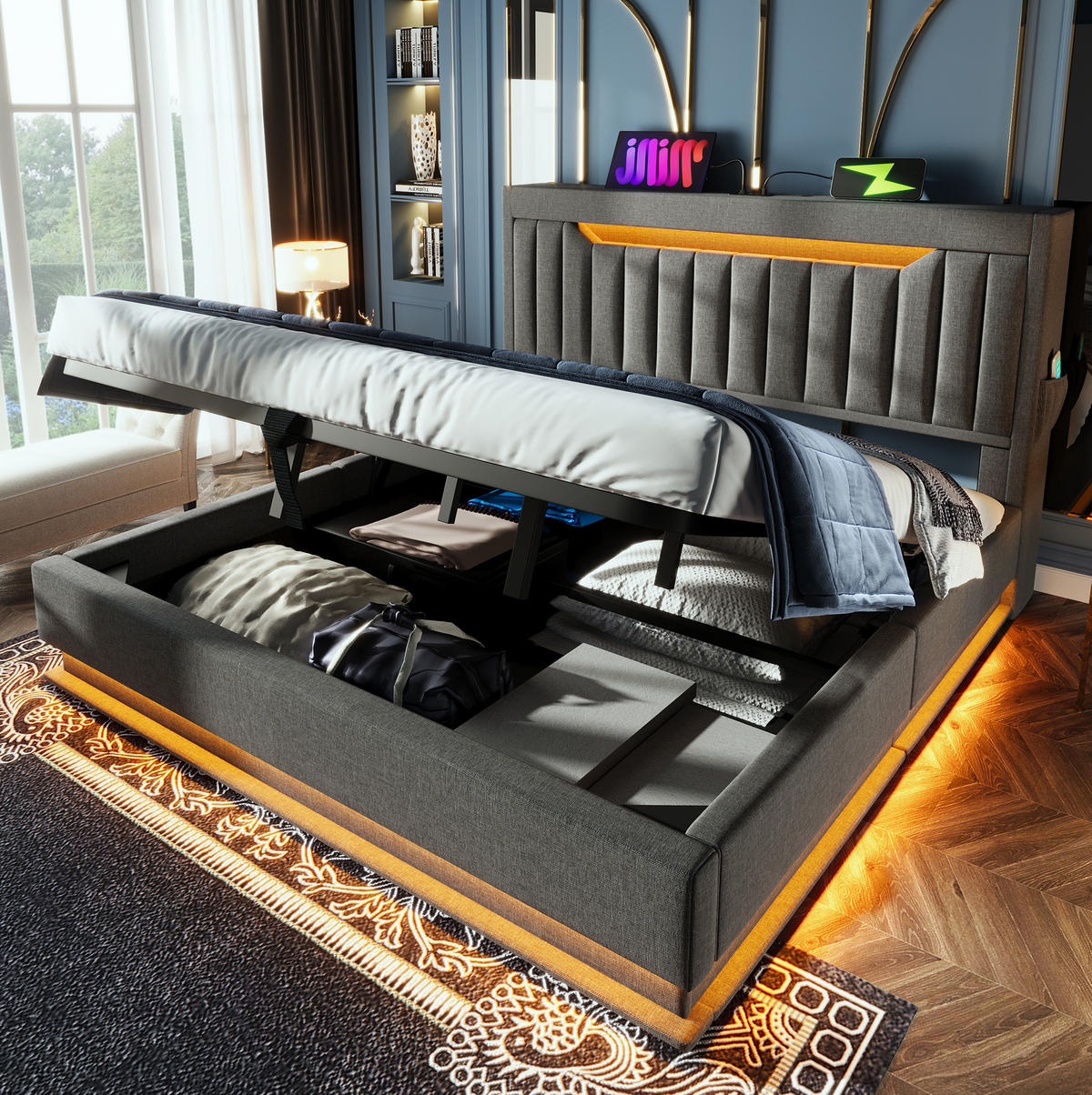 BETT mit Stauraum und LED 140x200 cm Leinen Grau - Grau, Metall (140/200cm) - Meubliv