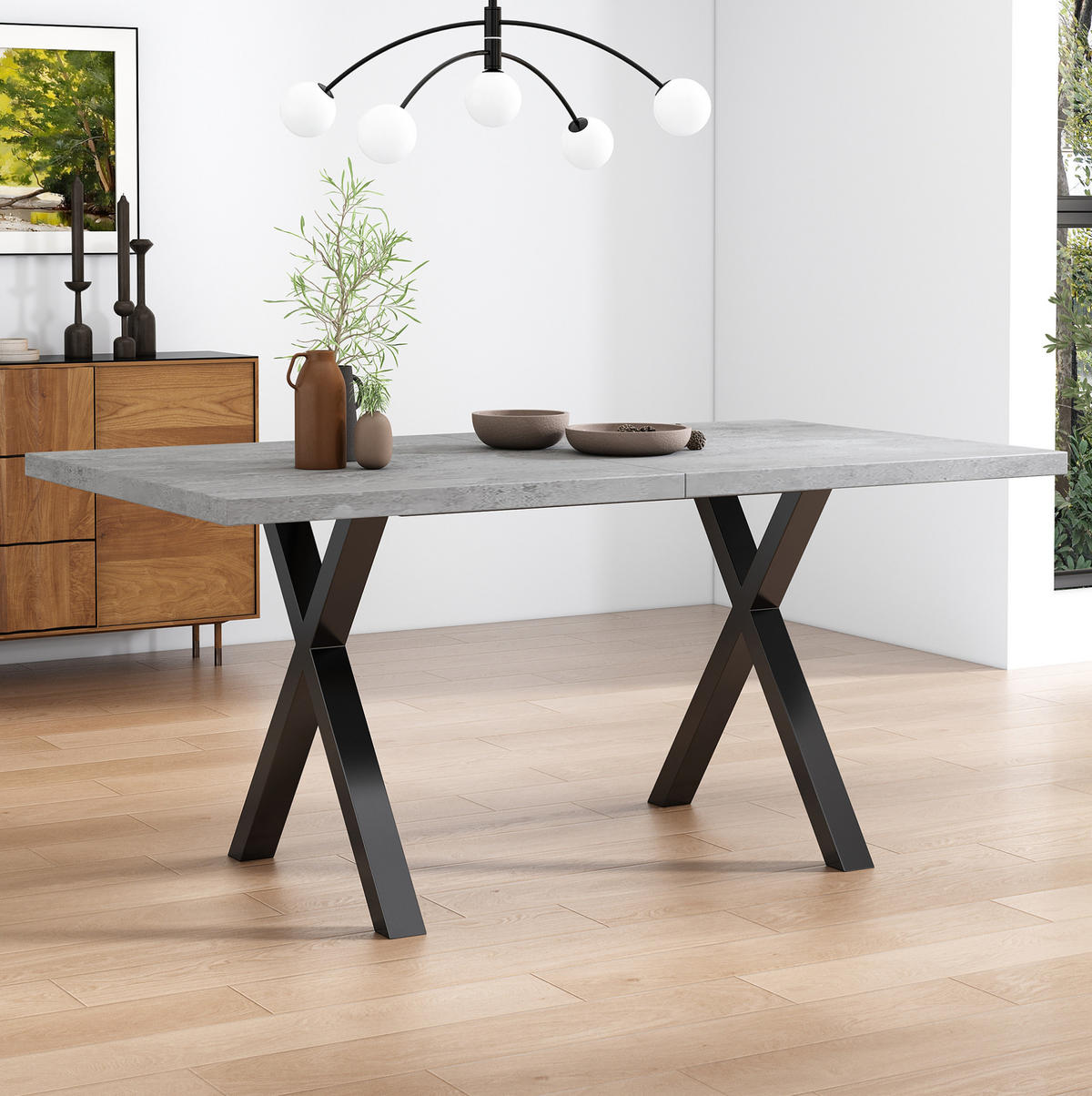 ESSTISCH 140/80/76 cm in Betonoptik mit Kreuzgestell - Grau, Holzwerkstoff (140/80/76cm) - Flora Grace