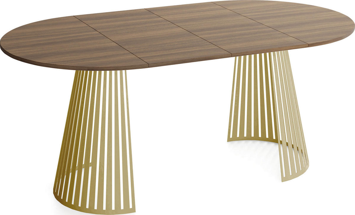 ESSTISCH Naro rund ausziehbar mit Goldenem Lamellen-Metallgestell, Walnuss Braun 100-180/100/76 cm - Goldfarben/Walnussfarben, Holzwerkstoff/Metall (100/100/76cm) - WFL GROUP