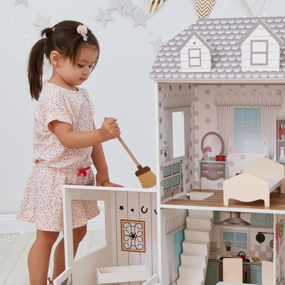 PUPPENHAUS, Grau, 90cm - Weiß, Holzwerkstoff (34/90/104cm) - Teamson Kids