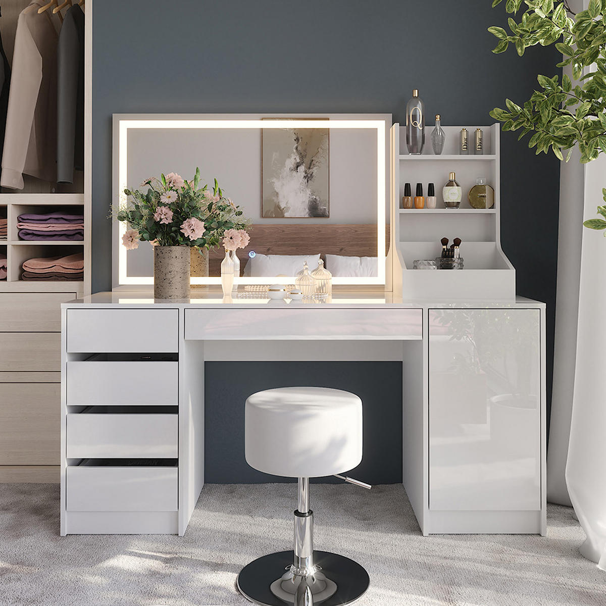 SCHMINKTISCH Sherry Weiß/Weiß Hochglanz 158.2 cm 4 Teile - Weiß Hochglanz, Holzwerkstoff (158.2/76/50.1cm) - Vicco