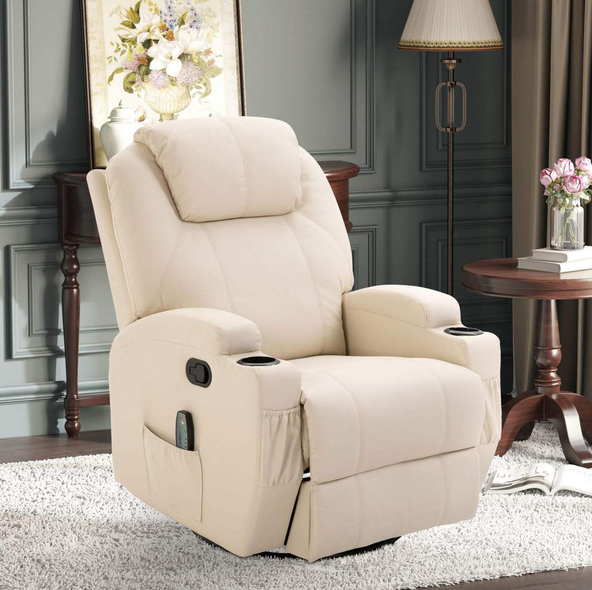 RELAXSESSEL in Cremeweiß 92x84x109 cm mit Massagefunktion, Schaukelfunktion und Drehfunktion - Creme, Leder (84/109/92cm) - IVMEU
