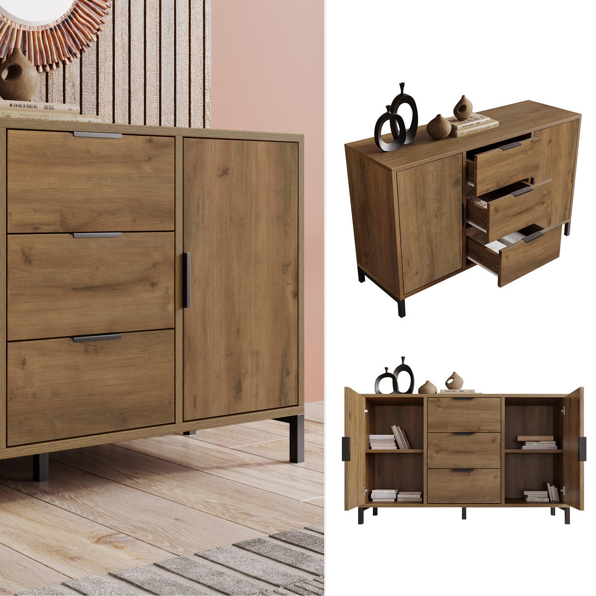 HIGHBOARD mit 2 Türen, 3 Schubladen und verstellbaren Einlegeböden, 120 x 40 x 76 cm, Dunkle Eiche, Spanplatte - Wildeiche, Holzwerkstoff (120/76/40cm) - SONNENH