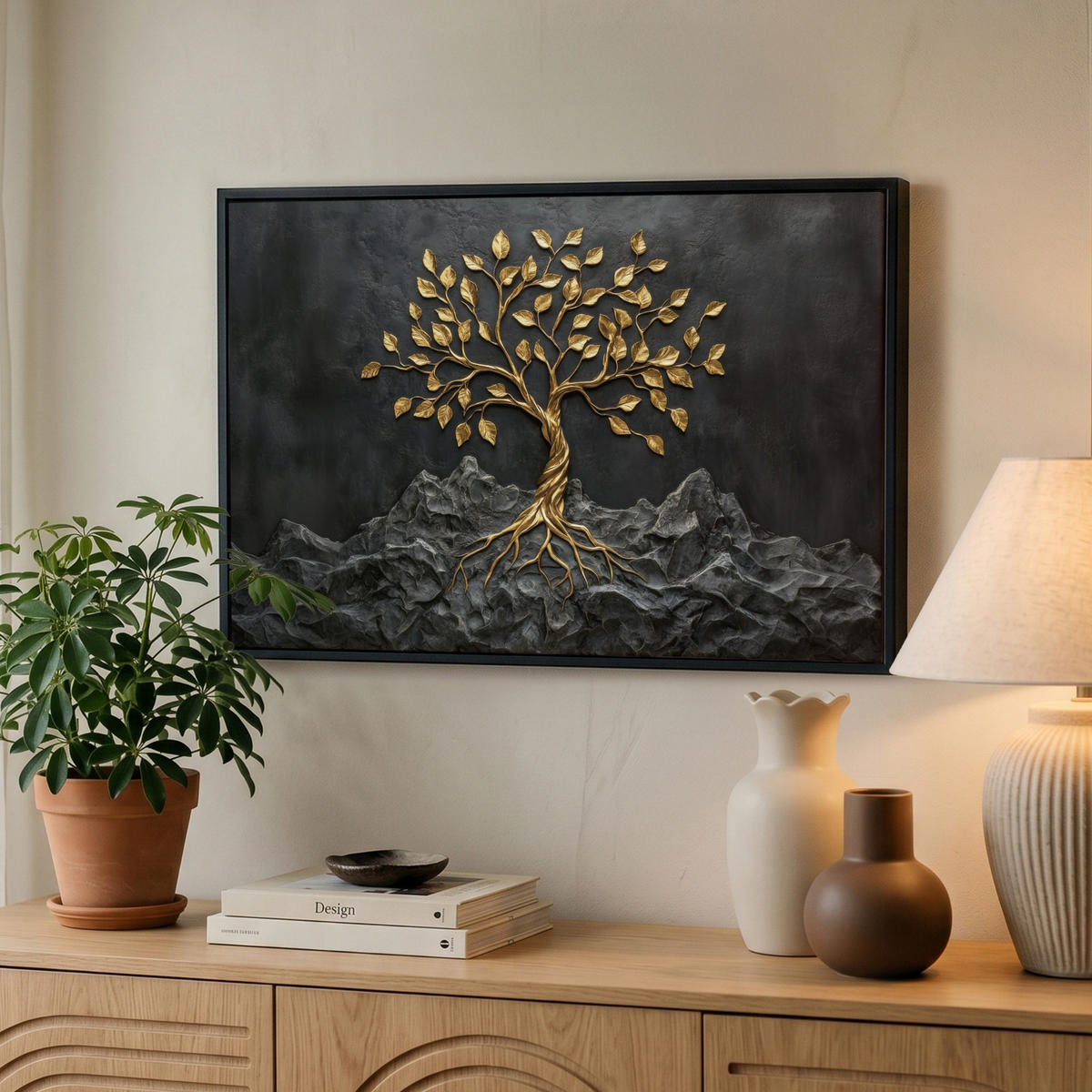 LEINWAND Bilder mit Rahmen - Blätter - Gold - Baum - Fels - 60x40 - Schwarz, Textil (60/40cm) - MuchoWow