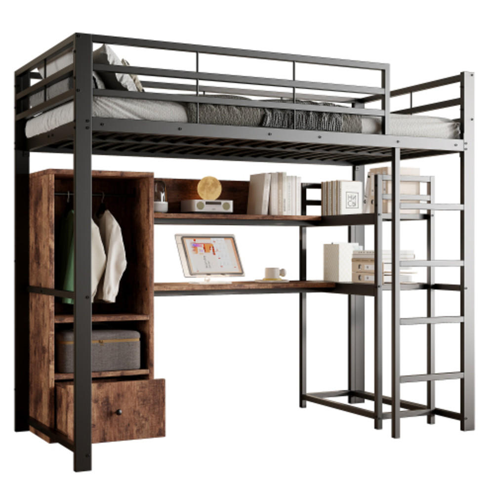 HOCHBETT 140 × 200 cm aus Metall und MDF mit Schreibtisch, Stauraumschublade und 16-Farben-LED-Leiste, schwarz - Schwarz, Holzwerkstoff - Luhomfu