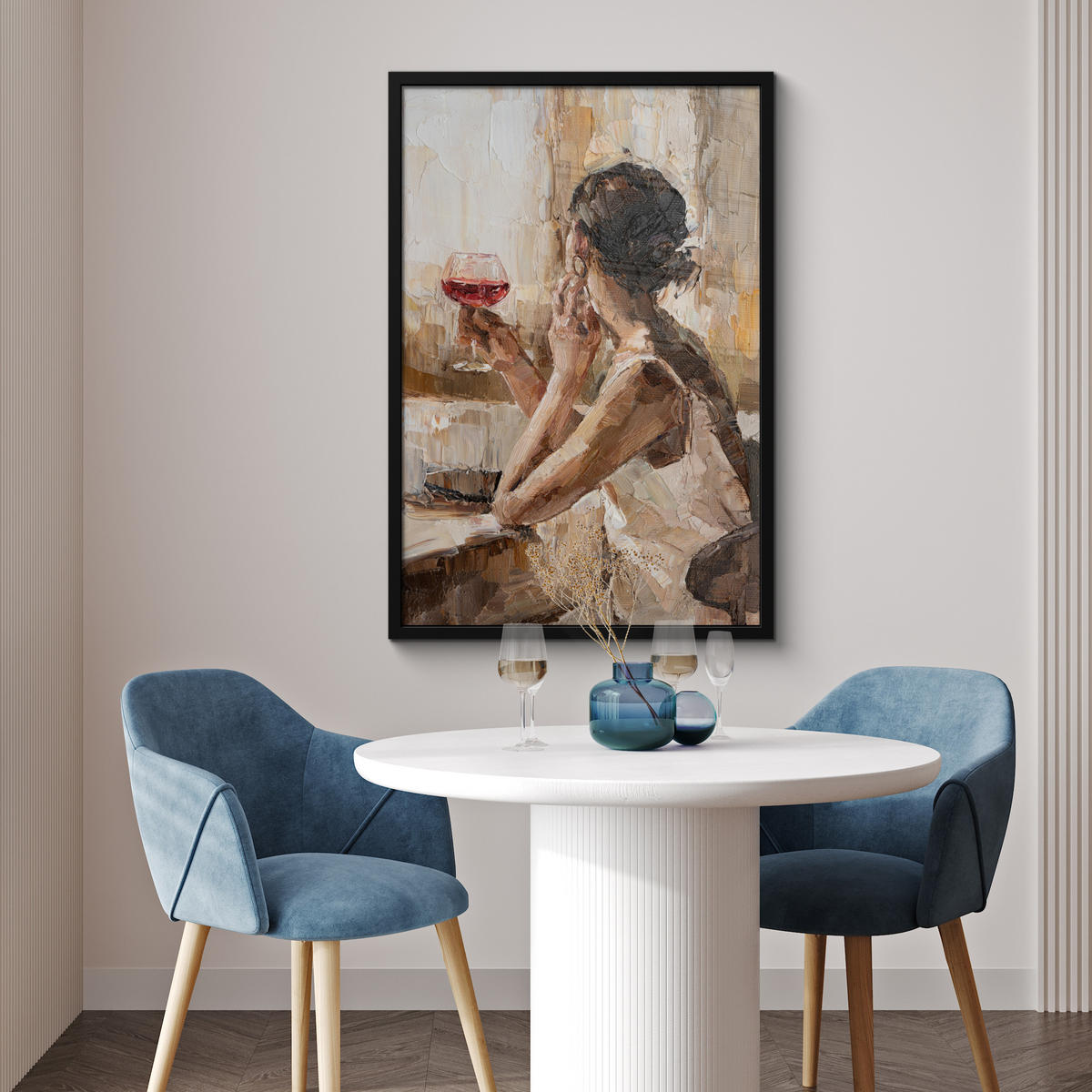 ZARÁMOVANÝ PLAGÁT Olejomaľba - Žena - Víno 60x90 cm - svetlohnedá, papier (60/90cm) - MuchoWow