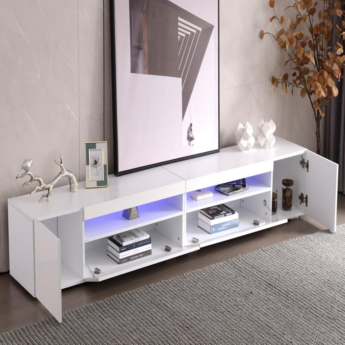 TV-SCHRANK 240cm Modern Weiß LED-Beleuchtung helles Panel glänzend - Weiß, Holz (49.5/15.5/107cm) - FLIEKS