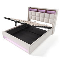 POLSTERBETT 160/200 cm Beige aus Leinen mit LED, USB und Bettkasten - Beige, Textil (160/200cm) - OKMYHOME