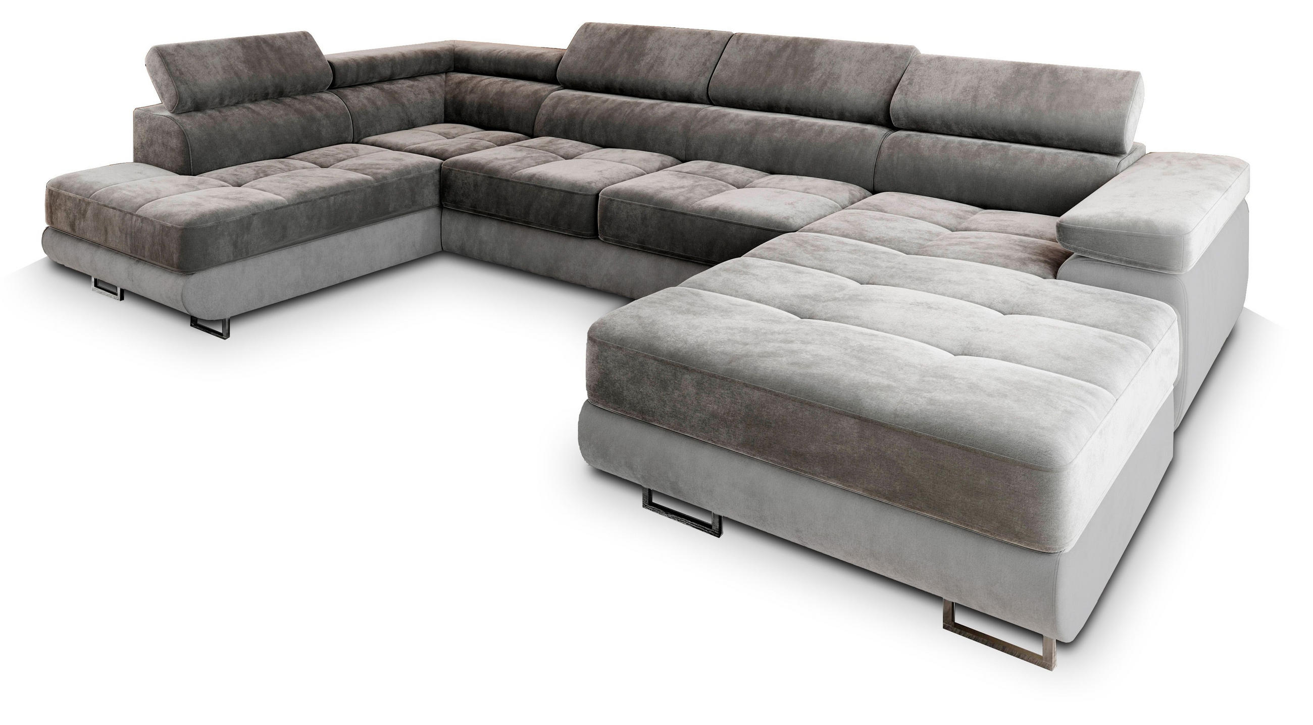WOHNLANDSCHAFT CASONE L-S Grau Velours-Stoff mit Schlaffunktion - Grau, Holz (345/90/202cm) - MASSENO