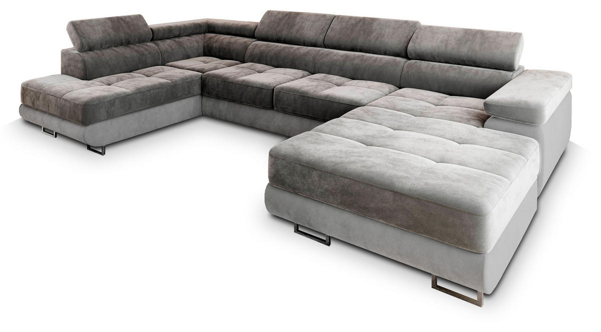 WOHNLANDSCHAFT CASONE L-S Grau Velours-Stoff mit Schlaffunktion - Grau, Holz (345/90/202cm) - MASSENO