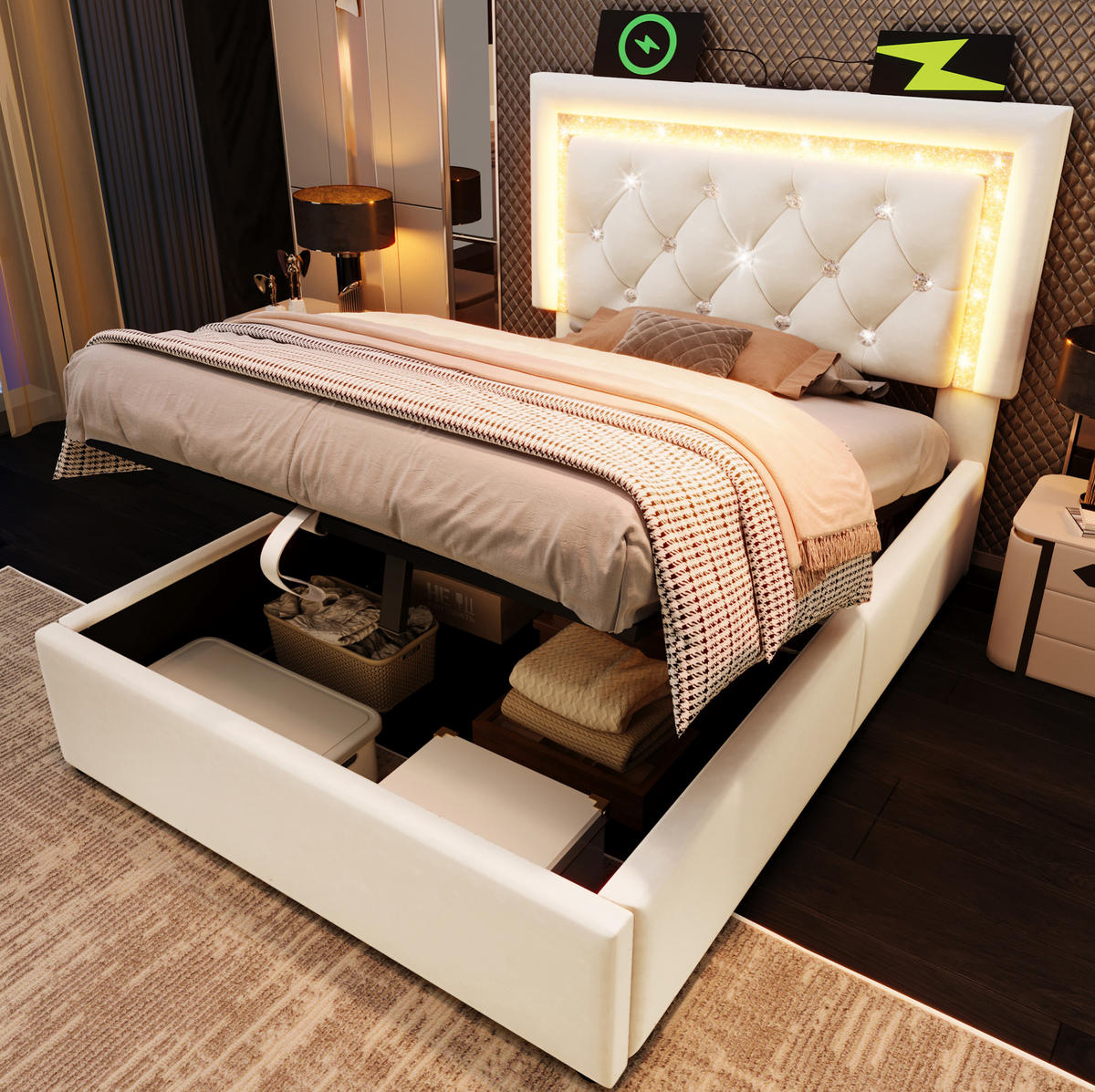 SAMT-POLSTERBETT 90/200 cm mit LED-Beleuchtung, Bettkasten und USB/Type-C - Beige, Textil (90/200cm) - BEAOK