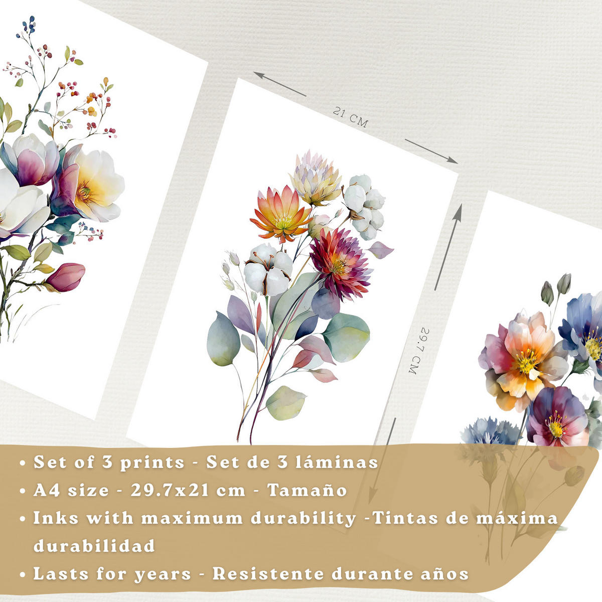 PLAKAT Sada 3 botanických uměleckých tisků. Květinové nástěnné umění. Moderní minimalistický květinový nástěnný PLAKAT. Velikost Černý rám A4 - černá, papír (21/29.7/3cm) - Nacnic