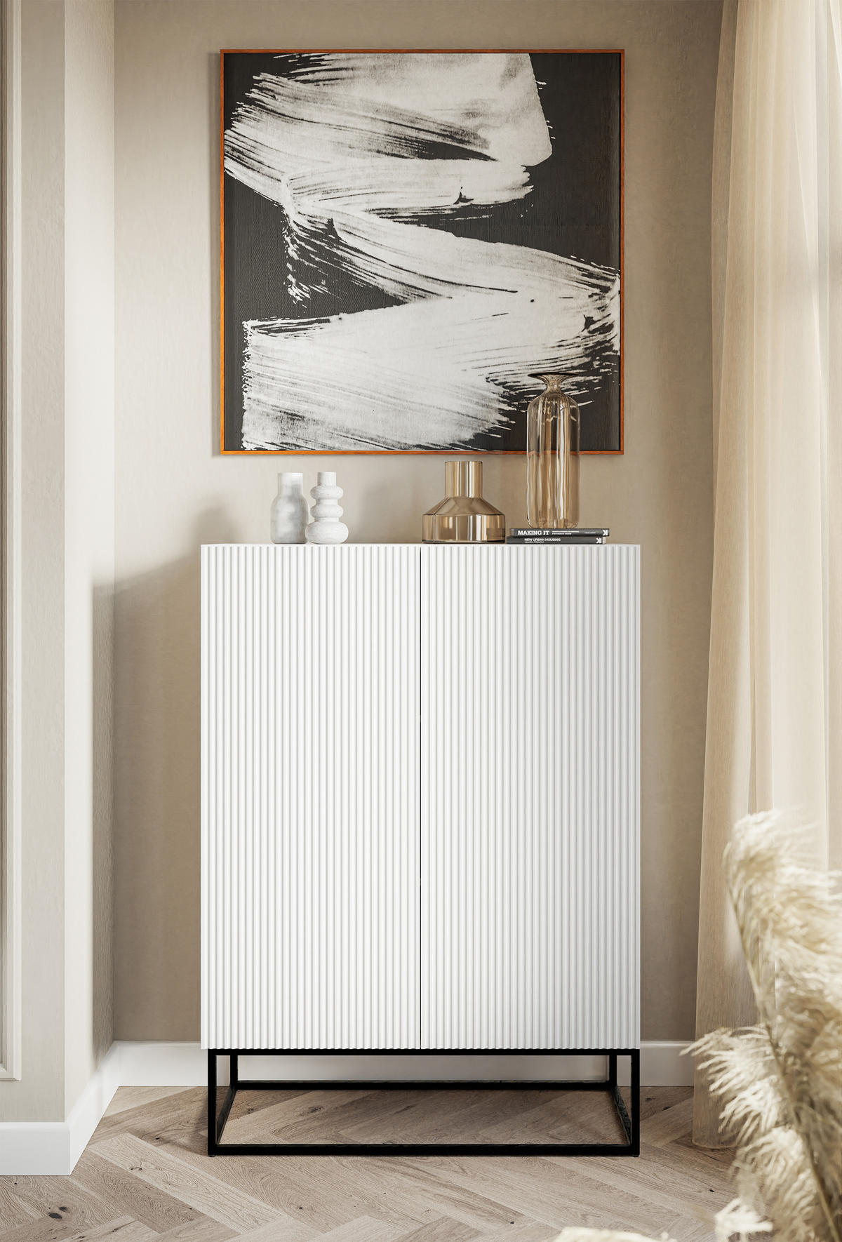HIGHBOARD Veldio Weiß mit schwarzen Beinen 90 cm - Schwarz/Weiß, Holzwerkstoff/Metall (125/90/38cm) - Selsey