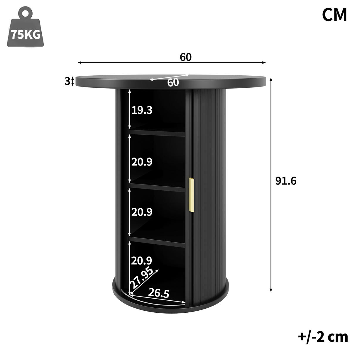 BARTISCH mit Stauraum 60 x 60 x 91,6 cm Schwarz - Schwarz, Metall (60/60/91.6cm) - Meubliv