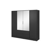 GROSSER Kleiderschrank RICADI 4DL (Schwarz, Spiegel, 4 Türen, 2 Schubladen, Kleiderstange, Kunststoffgriffe) - Schwarz, Holz/Holzwerkstoff (206/200/51cm) - Ravio
