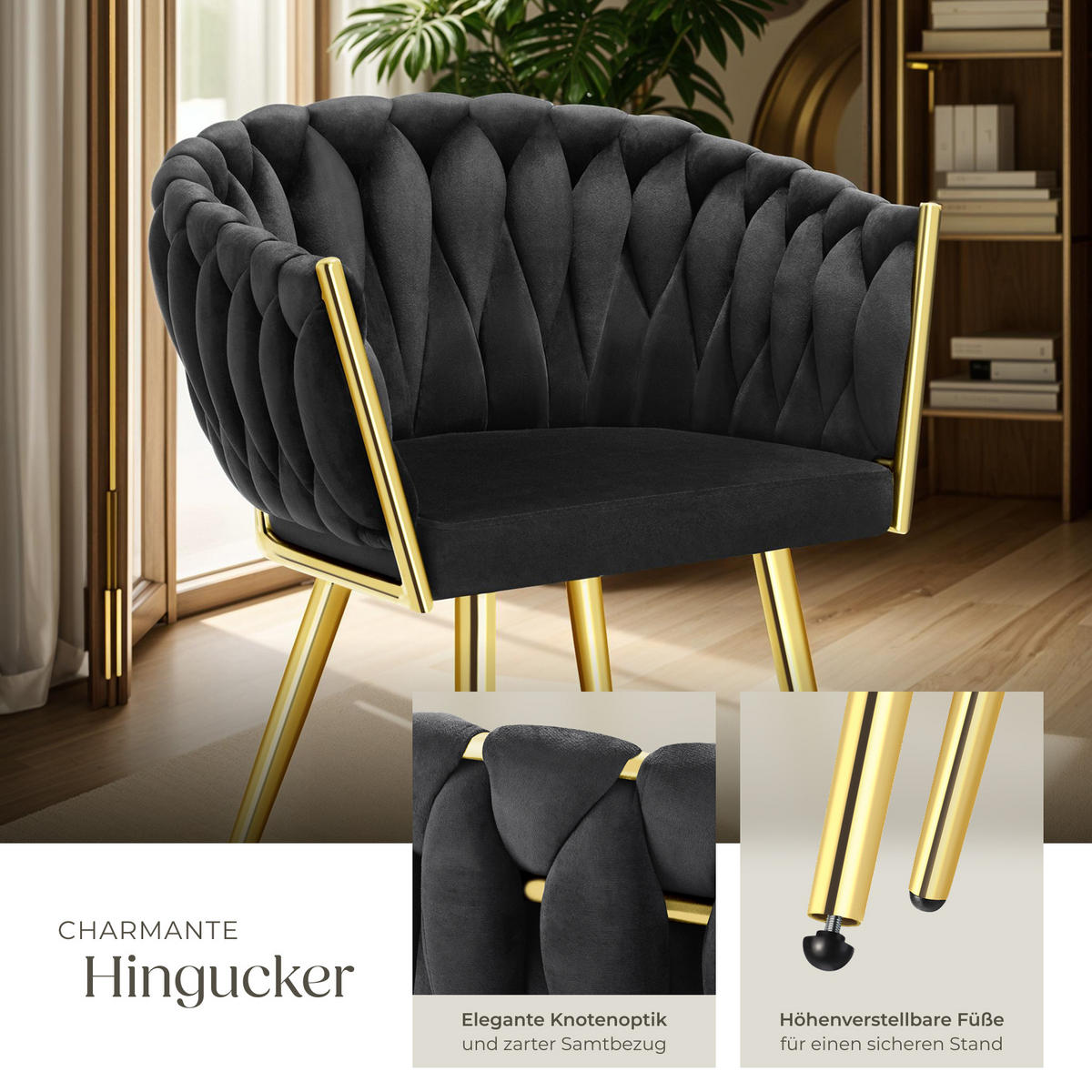 ESSZIMMERSTUHL 4er Set Astano,60,5 x 55 x 75 cm,schwarz/gold - Goldfarben/Schwarz, Textil (60.5/75/55cm) - tectake