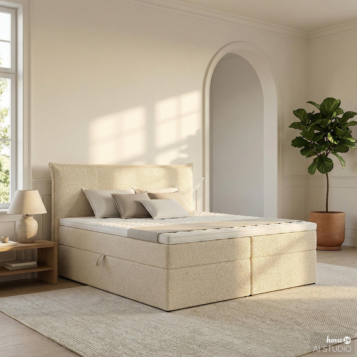 BOXBETT mit Stauraum - Bouclé - Creme, Holzwerkstoff/Textil (200/200cm) - home24