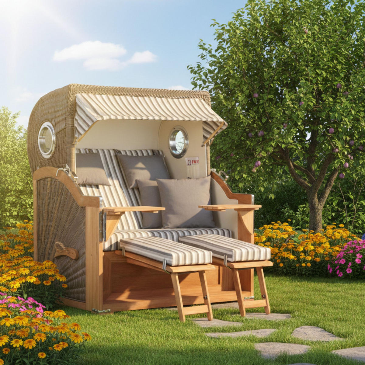 STRANDKORB Baltikum Teak 2,5 Sitzer - Braun/Grau, Holz/Metall (142/170/95cm) - Mr. Deko