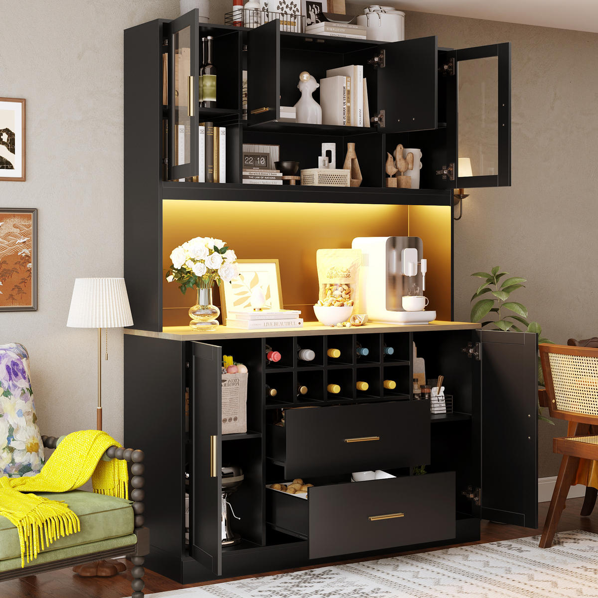 KÜCHENSCHRANK 120x36.3x180Cm LED Steckdose 6 Türen - Schwarz, Metall (120/180/36.3cm) - FLIEKS
